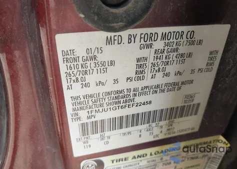 2015 Ford Expedition Xl из США, поврежденный, VIN 1FMJU1GT6FEF22458